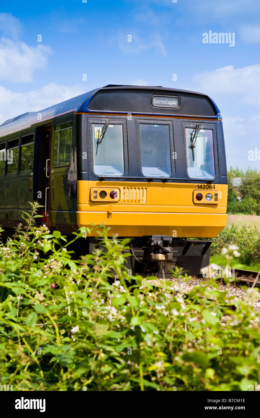 Unità multiple di treno che viaggia sulle zone rurali Exeter per Barnstaple rotta nel Devon England Foto Stock
