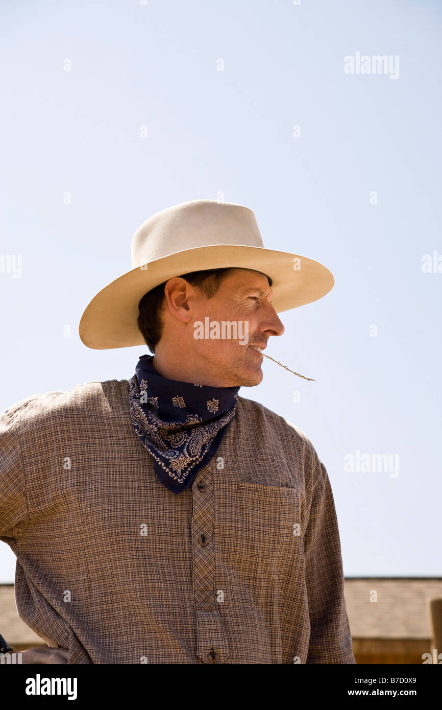 Profilo di un cowboy masticare su un pezzo di paglia Foto Stock