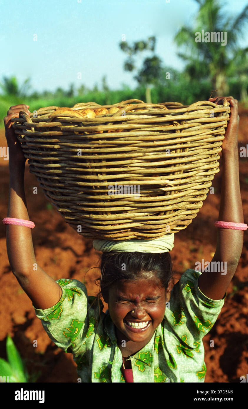 Una ragazza carina avente un getto durante il raccolto di patate. Foto Stock