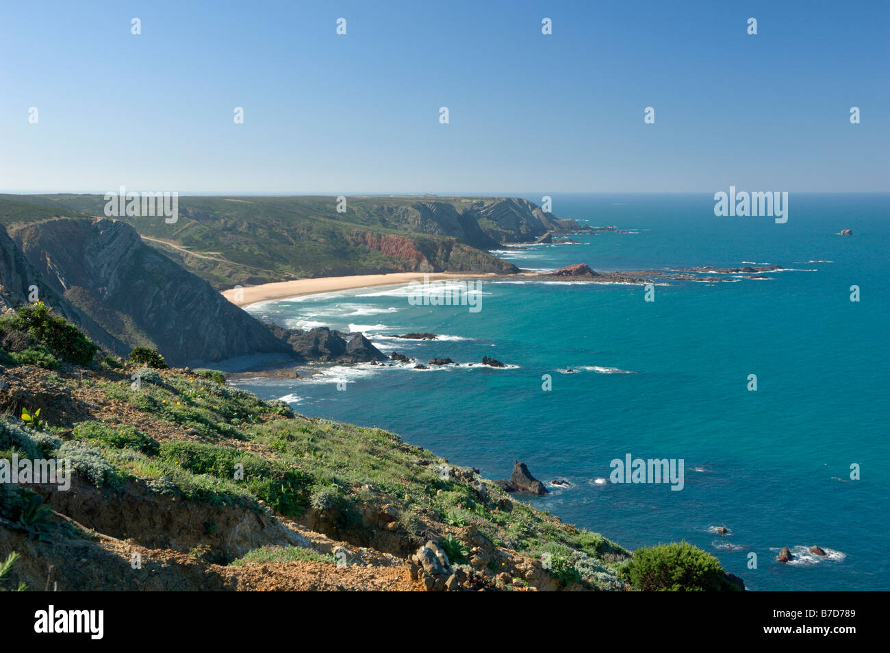 Costa Vicentina, guardando verso Capo St Vincent La Praia Da Barriga Foto Stock