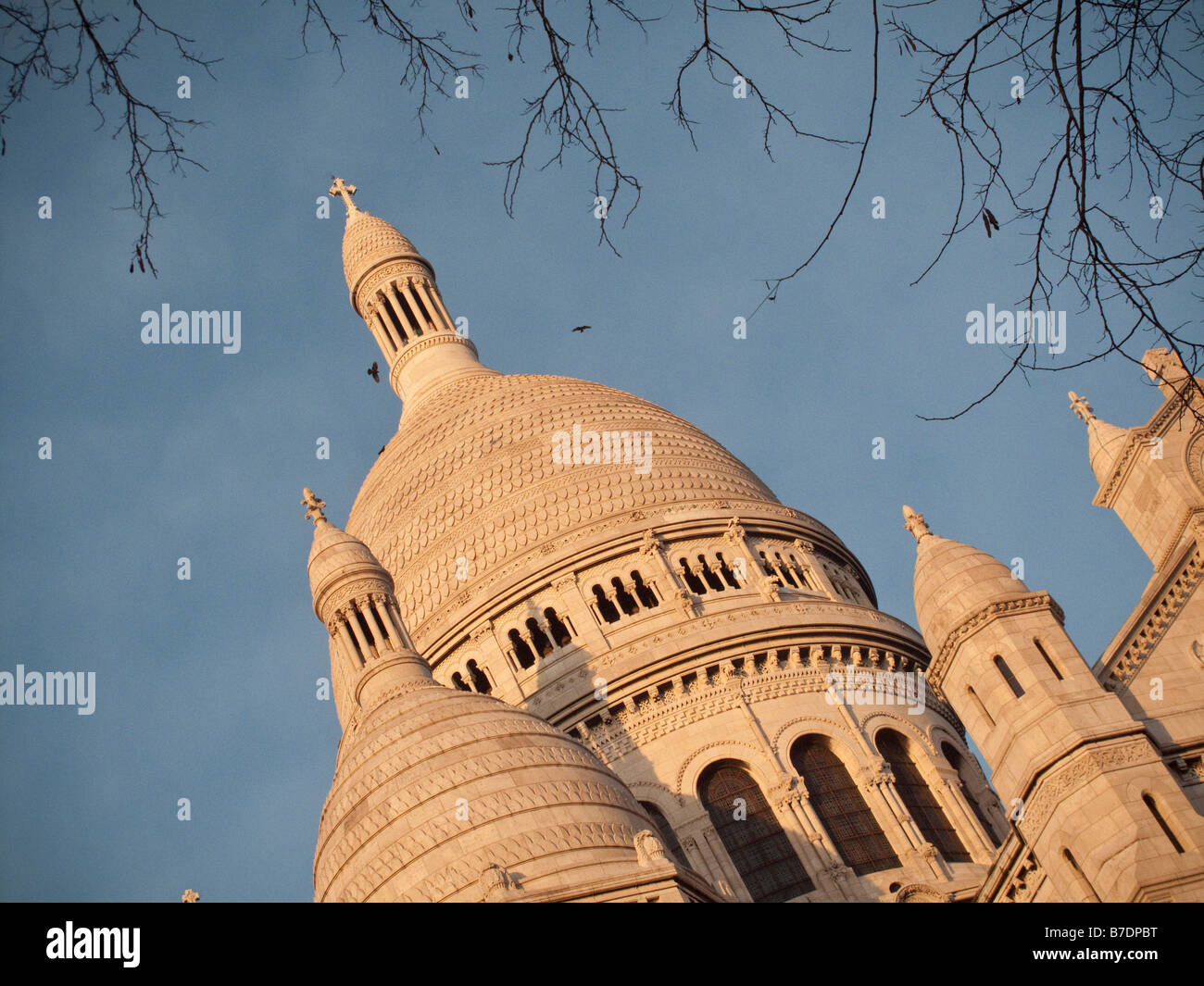 Gli uccelli volare oltre la Basilique du Sacré-Coeur situato a Parigi, in Francia in occasione del vertice di Butte Montmartre. Foto Stock