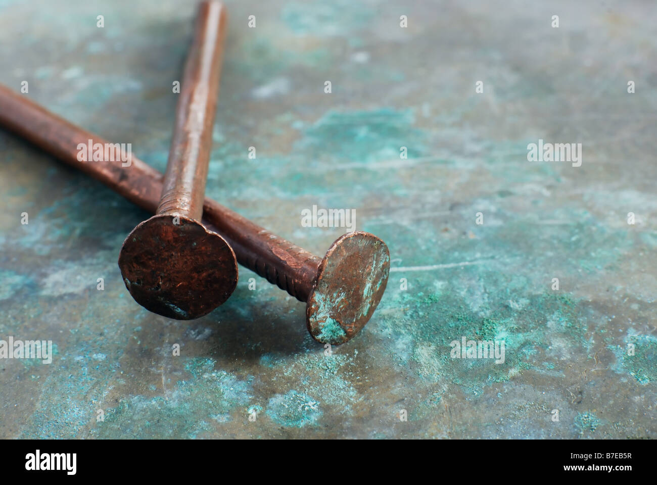 Due chiodi di rame sul foglio di metallo con patina Foto stock - Alamy