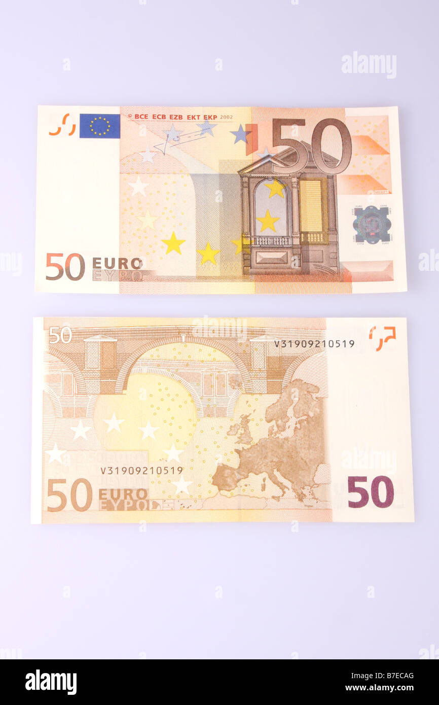 La parte anteriore e posteriore di una cinquantina di banconota in Euro. Foto Stock