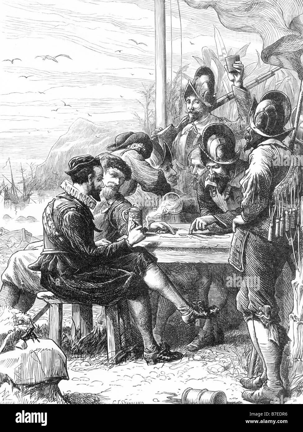 Sir Walter Raleigh in Trinidad di ottenere informazioni dai soldati spagnoli per quanto riguarda la Guiana 1595 Foto Stock