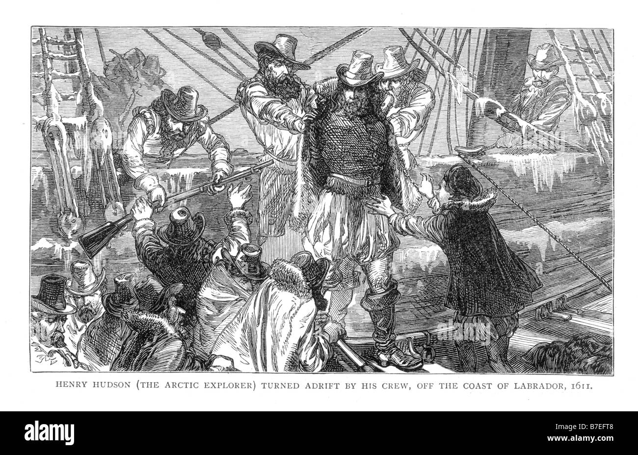 Henry Hudson l'Artico Explorer rivolta alla deriva dal suo equipaggio al largo delle coste del Labrador 1611 xix secolo illustrazione Foto Stock