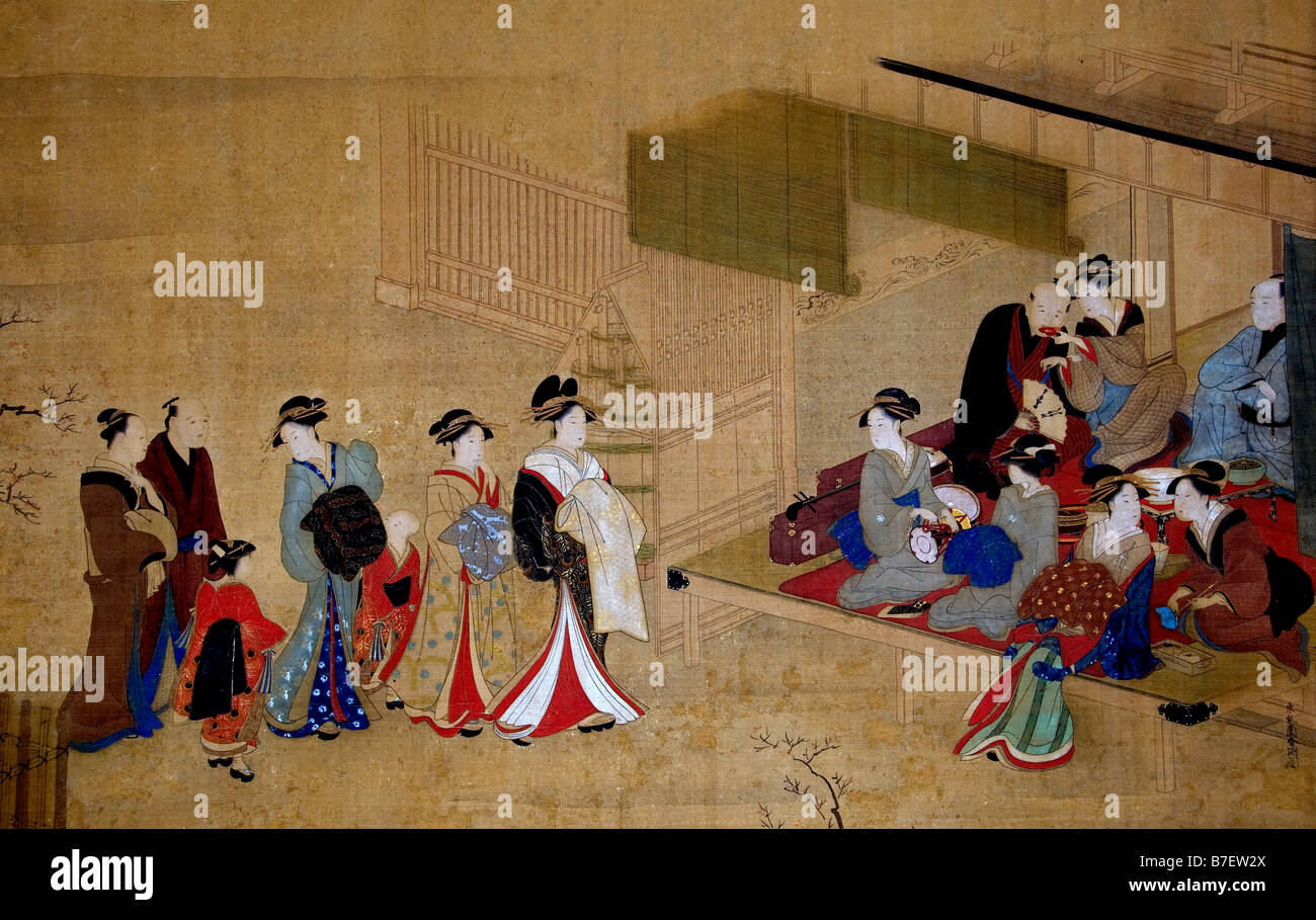 Cortigiana di trattamento ad un Yoshiwara teahouse 1780 appeso scorrere da Katsukawa Shuncho giappone giapponese Foto Stock