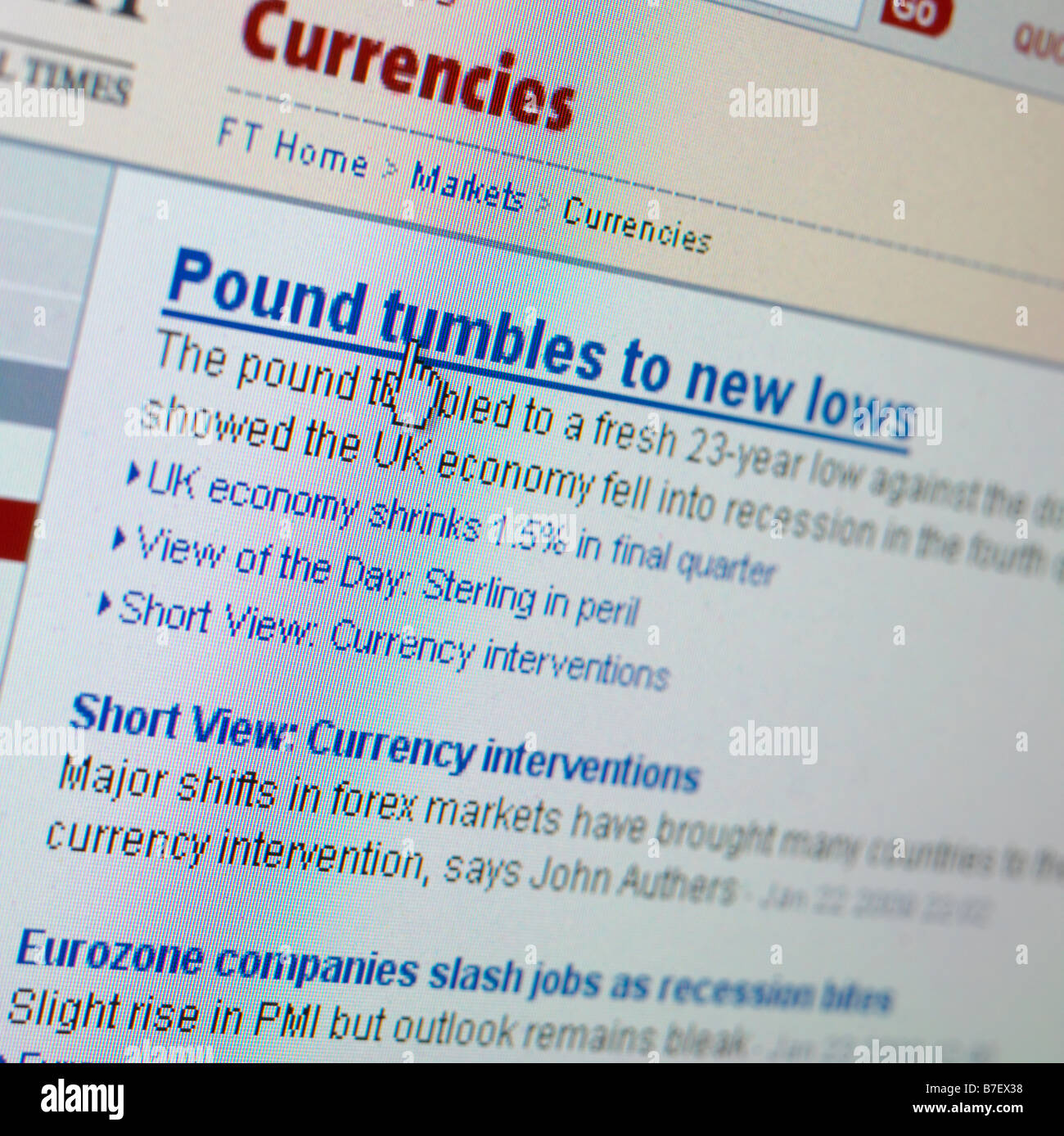 Sito web schermo economia UK recessione economica Foto Stock