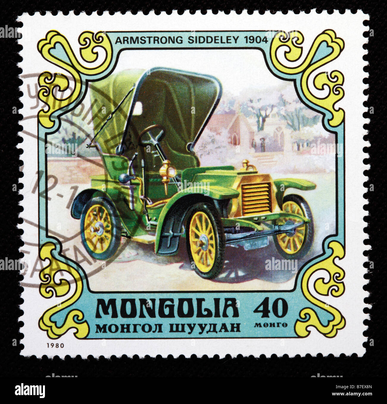Storia dei trasporti, auto Armstrong Siddeley (1904), francobollo, Mongolia, 1980 Foto Stock