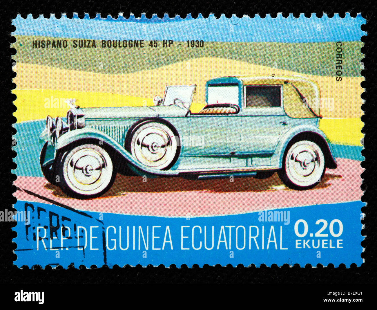 Storia dei trasporti, auto Hispano Suiza Boulogne 45 HP (1930), francobollo, Guinea equatoriale Foto Stock