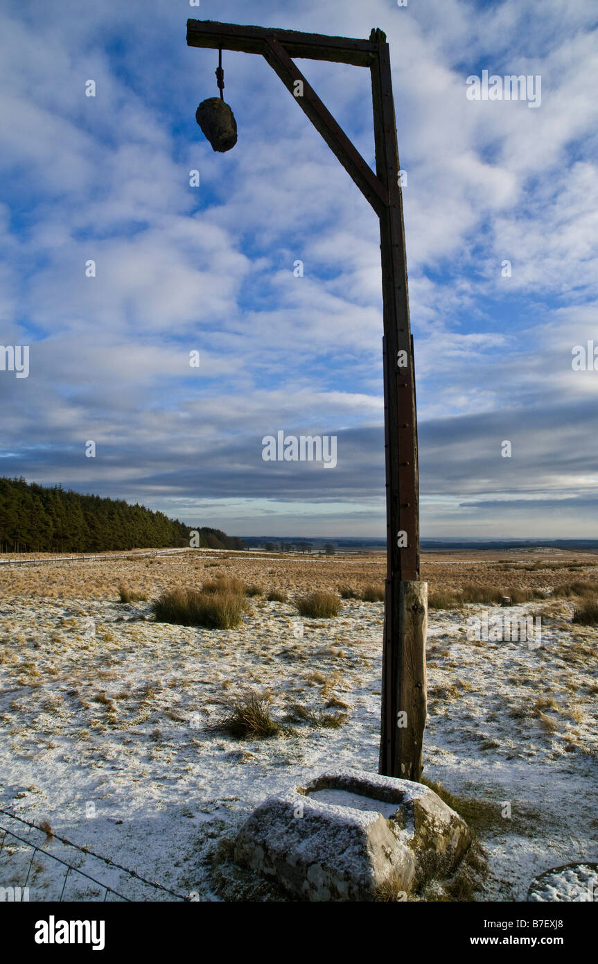 dh Steng Cross TYNEDALE NORTHUMBRIA Winters Gibbet Monument solely Moorland Gallows northumberland elsdon pena di morte giustizia Foto Stock