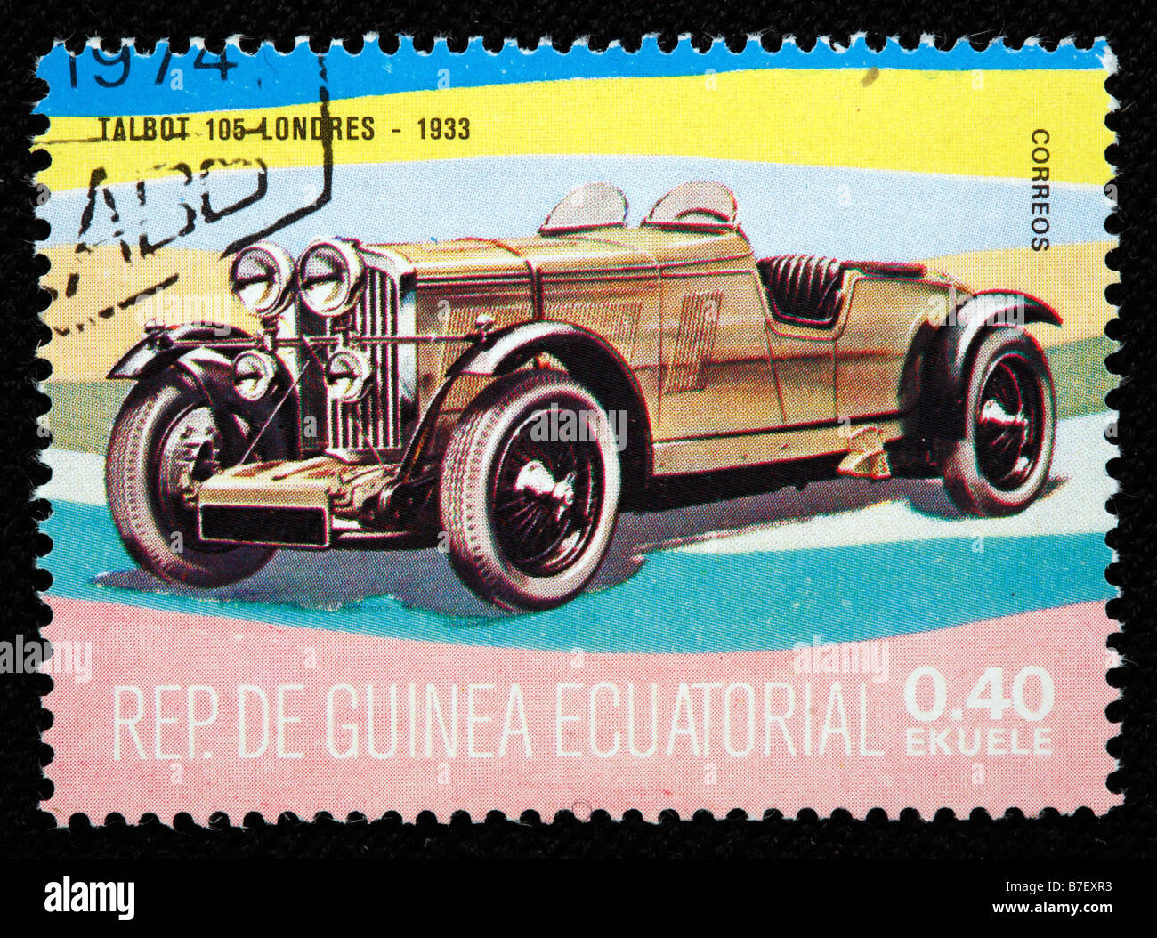 Storia dei trasporti, auto Talbot 105 Londres (1933), francobollo, Guinea equatoriale Foto Stock