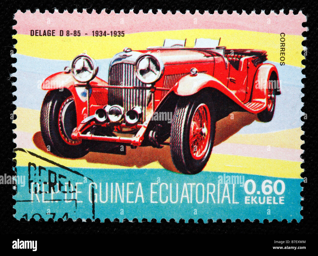 Storia dei trasporti, auto Delage D 8 85 (1934-1935), francobollo, Guinea equatoriale Foto Stock