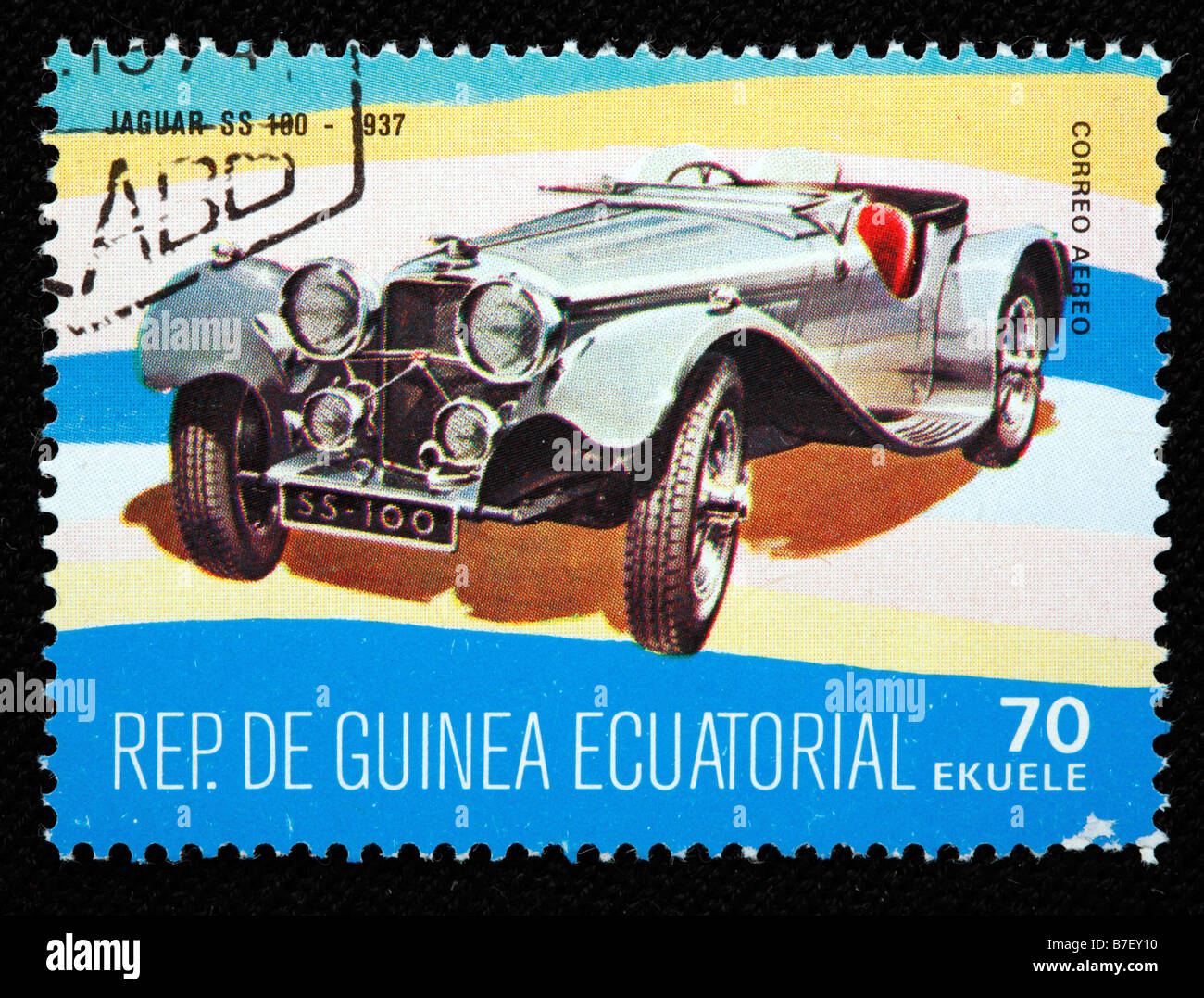 Storia dei trasporti, auto Jaguar SS-100 (1937), francobollo, Guinea equatoriale Foto Stock