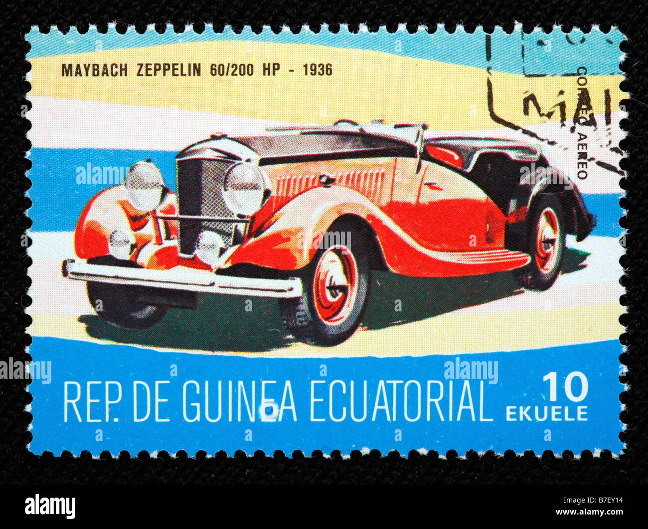 Storia dei trasporti, auto Maybach Zeppelin 60 200 HP (1936), francobollo, Guinea equatoriale Foto Stock