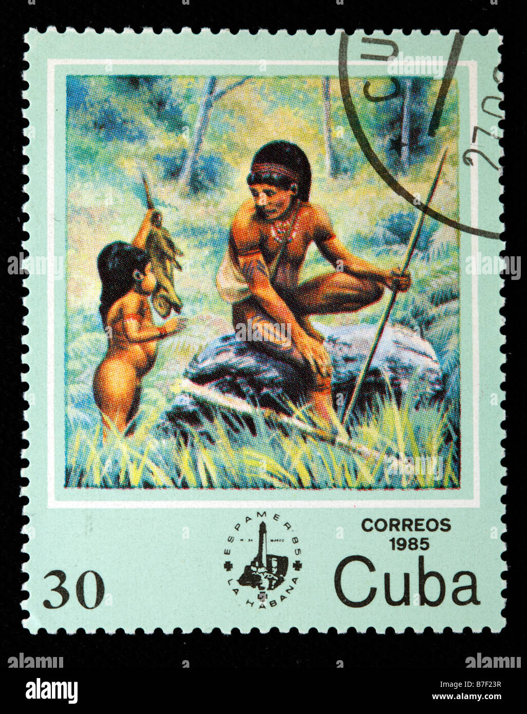 La caccia, la vita di uomini primitivi preistorici savage primordiale, francobollo, Cuba, 1985 Foto Stock