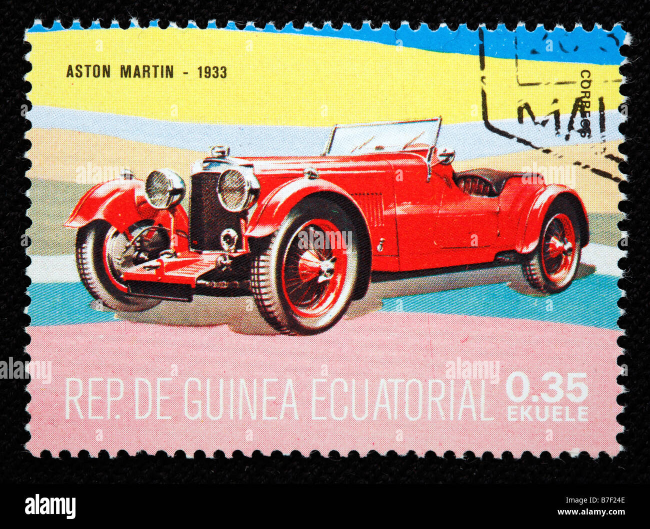 Storia dei trasporti, auto Aston Martin (1933), francobollo, Guinea equatoriale Foto Stock