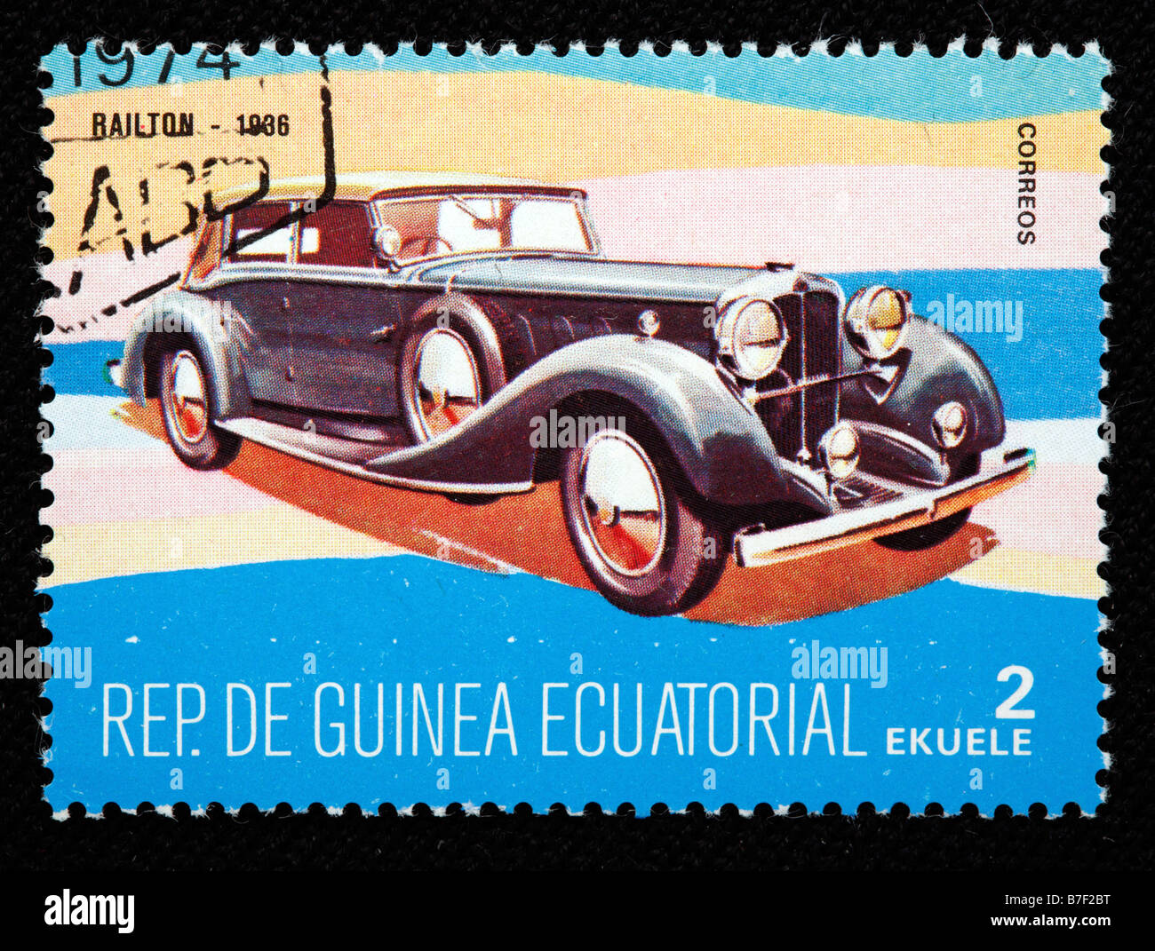 Storia dei trasporti, auto Railton (1936), francobollo, Guinea equatoriale Foto Stock