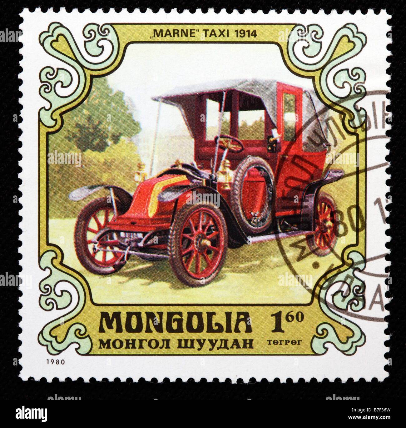 Storia dei trasporti, auto Marne taxi (1914), francobollo, Mongolia, 1980 Foto Stock