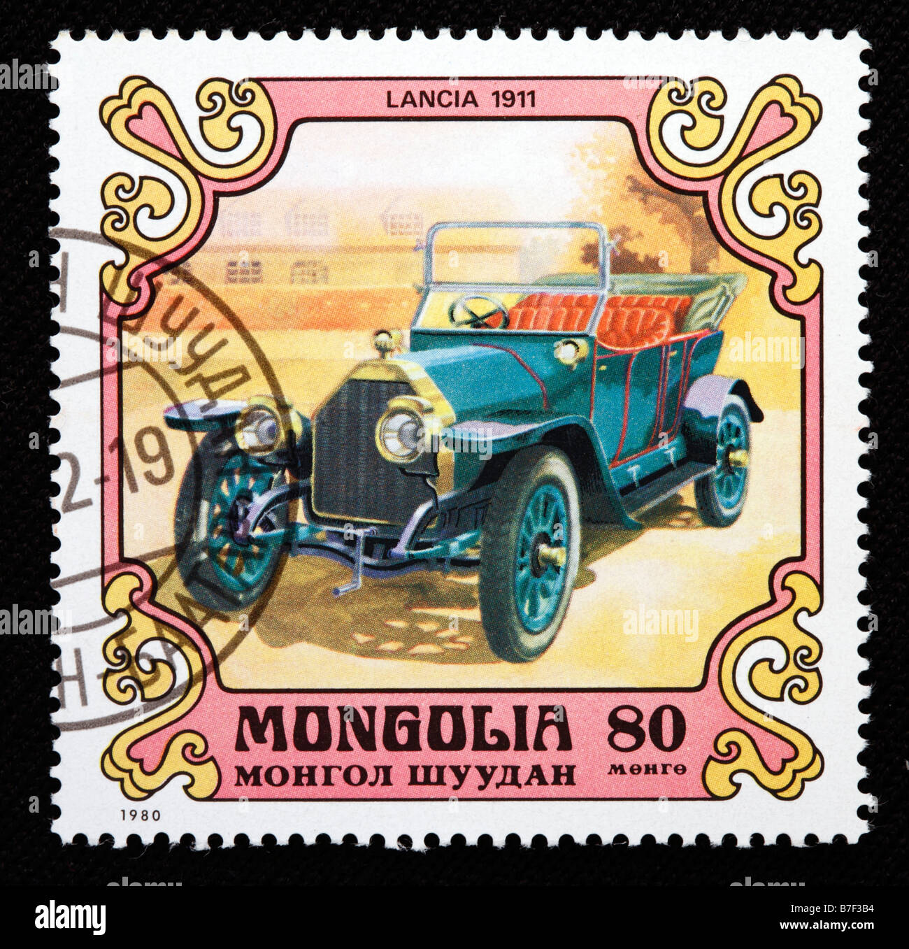 Storia dei trasporti, auto Lancia (1911), francobollo, Mongolia, 1980 Foto Stock
