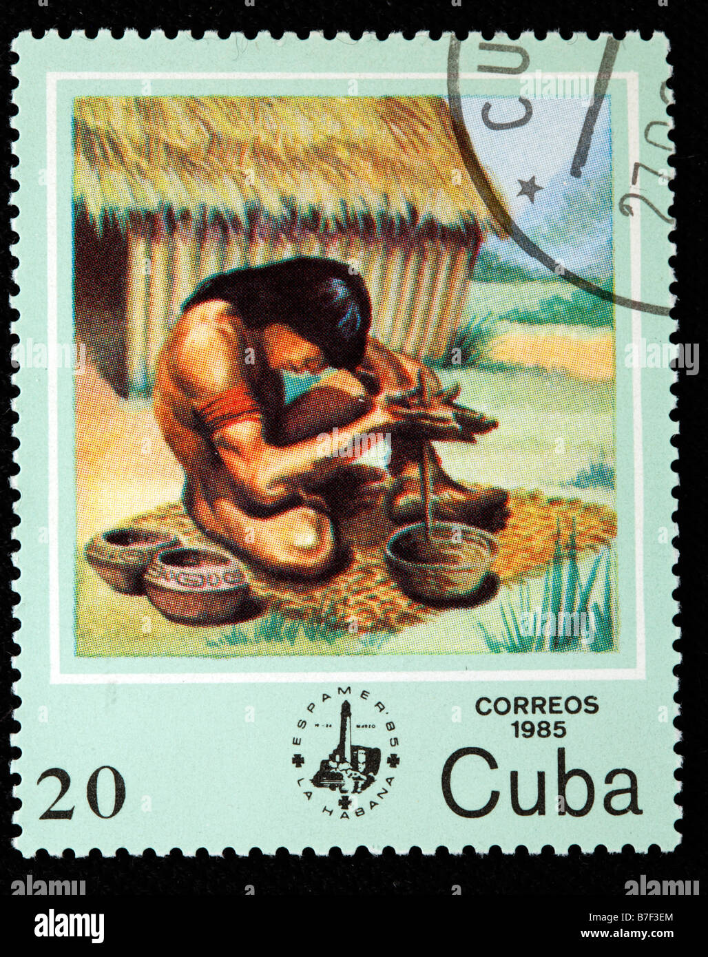 Fire, la vita degli uomini primitivi preistorici savage primordiale, francobollo, Cuba, 1985 Foto Stock