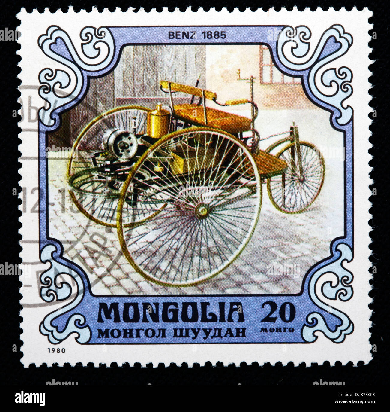 Storia dei trasporti, auto Benz (1885), francobollo, Mongolia, 1980 Foto Stock