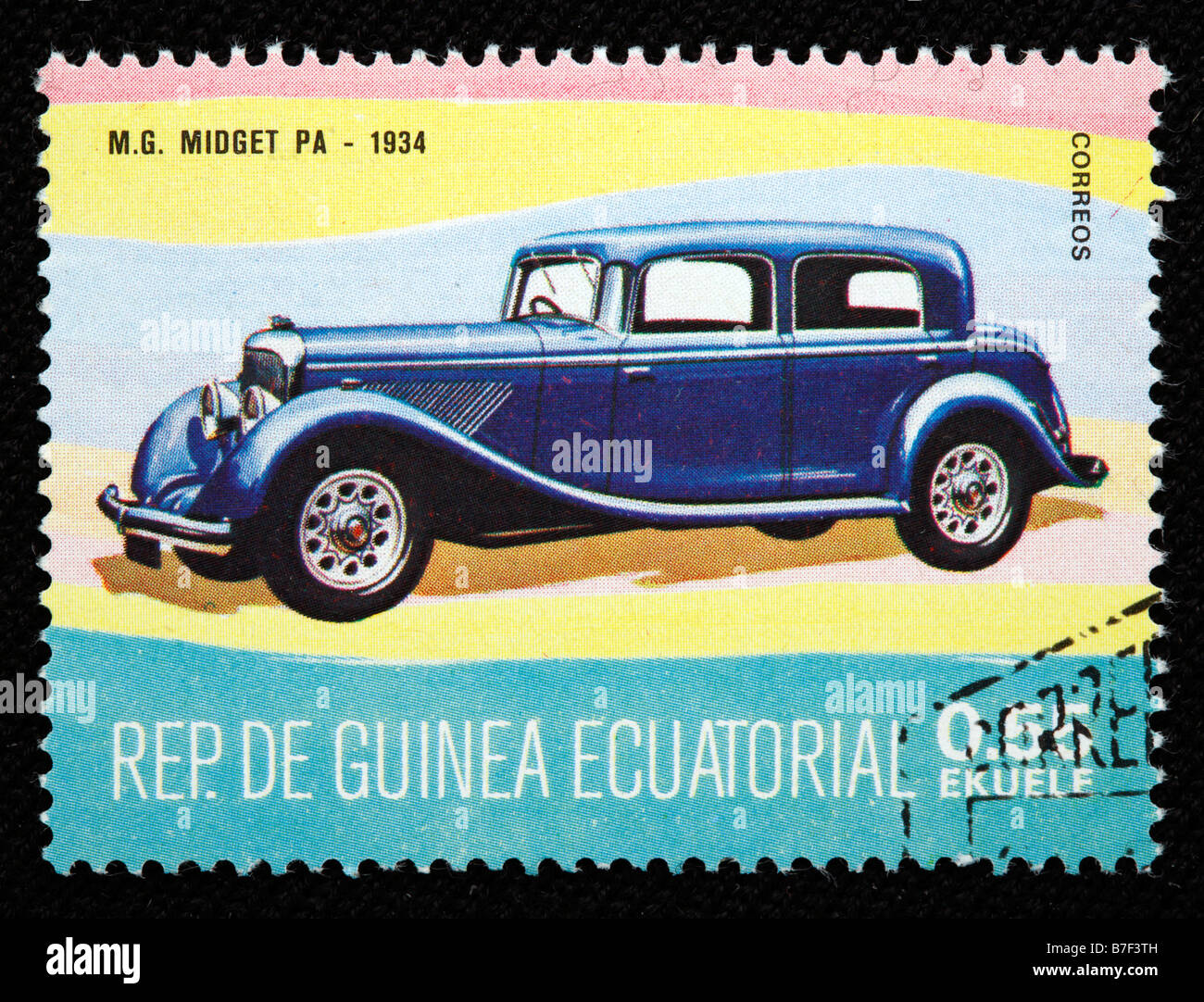 Storia dei trasporti, auto Midget PA (1934), francobollo, Guinea equatoriale Foto Stock