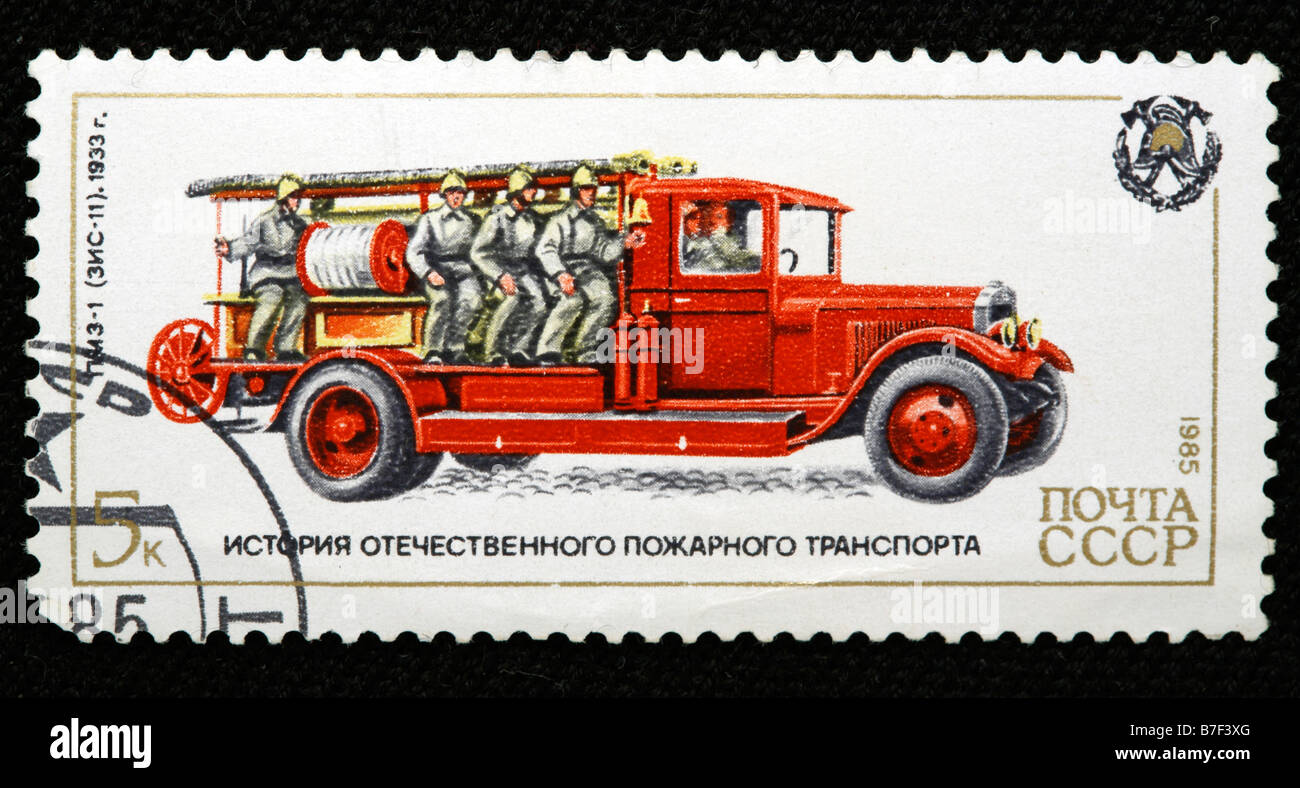 Storia dei trasporti, incendio vettura 'eè 11' (1933), francobollo, URSS, 1985 Foto Stock