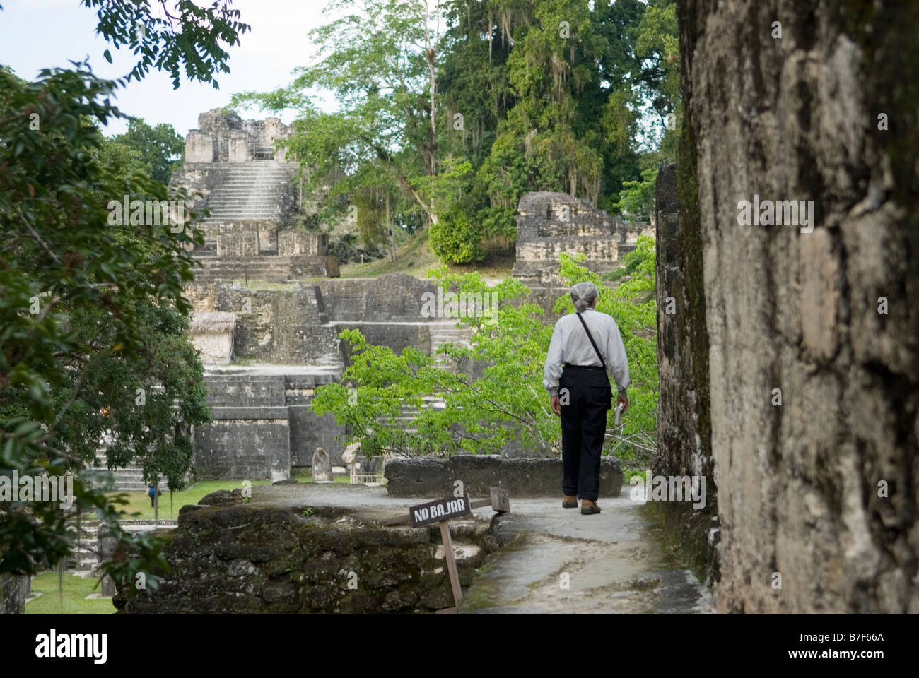 Tourist ad esplorare le rovine Maya intorno al 'Grand Plaza' di Tikal, Guatemala. Foto Stock