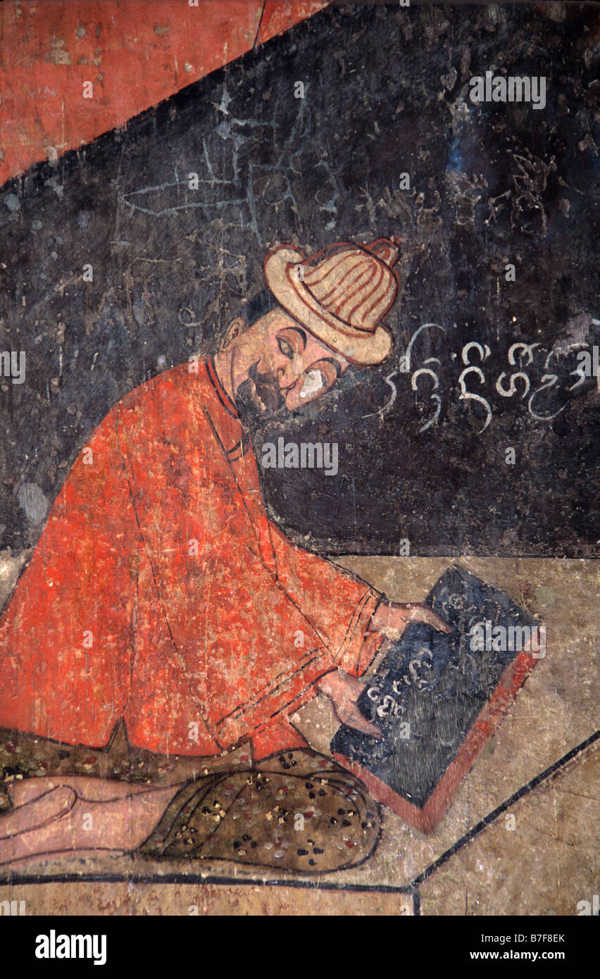 Il francese sacerdote cattolico ha ricevuto in Royal Thai corte, c xix secolo murale dipinto a parete Thit Buaphan, Wat Phumin tempio, Nan, Thailandia Foto Stock