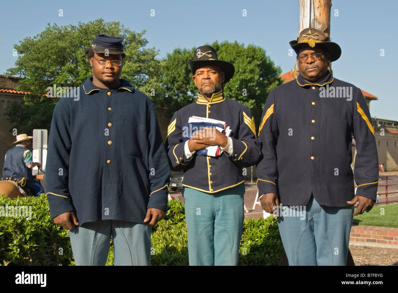 Texas Fort Worth Stockyards National Historic District African American Buffalo Soldier reenactors alla frontiera del Texas forti giorni Foto Stock