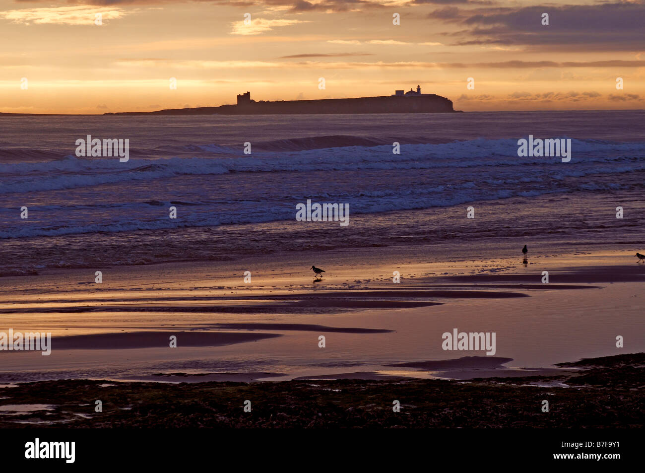 Alba alba dal castello di Bamburgh oltre a farne le isole di Northumberland Foto Stock