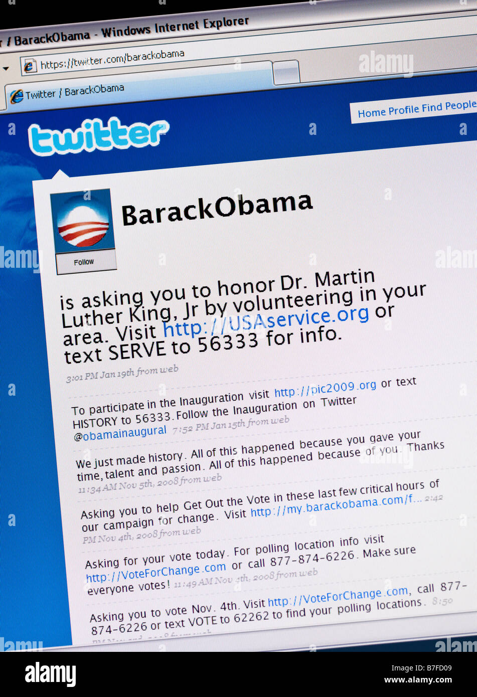Twitter il sito di social networking Barack Obama twitter pagina che mostra "tweet" utilizzato per campagne politiche durante la sua esecuzione per il Presidente degli STATI UNITI D'AMERICA Foto Stock