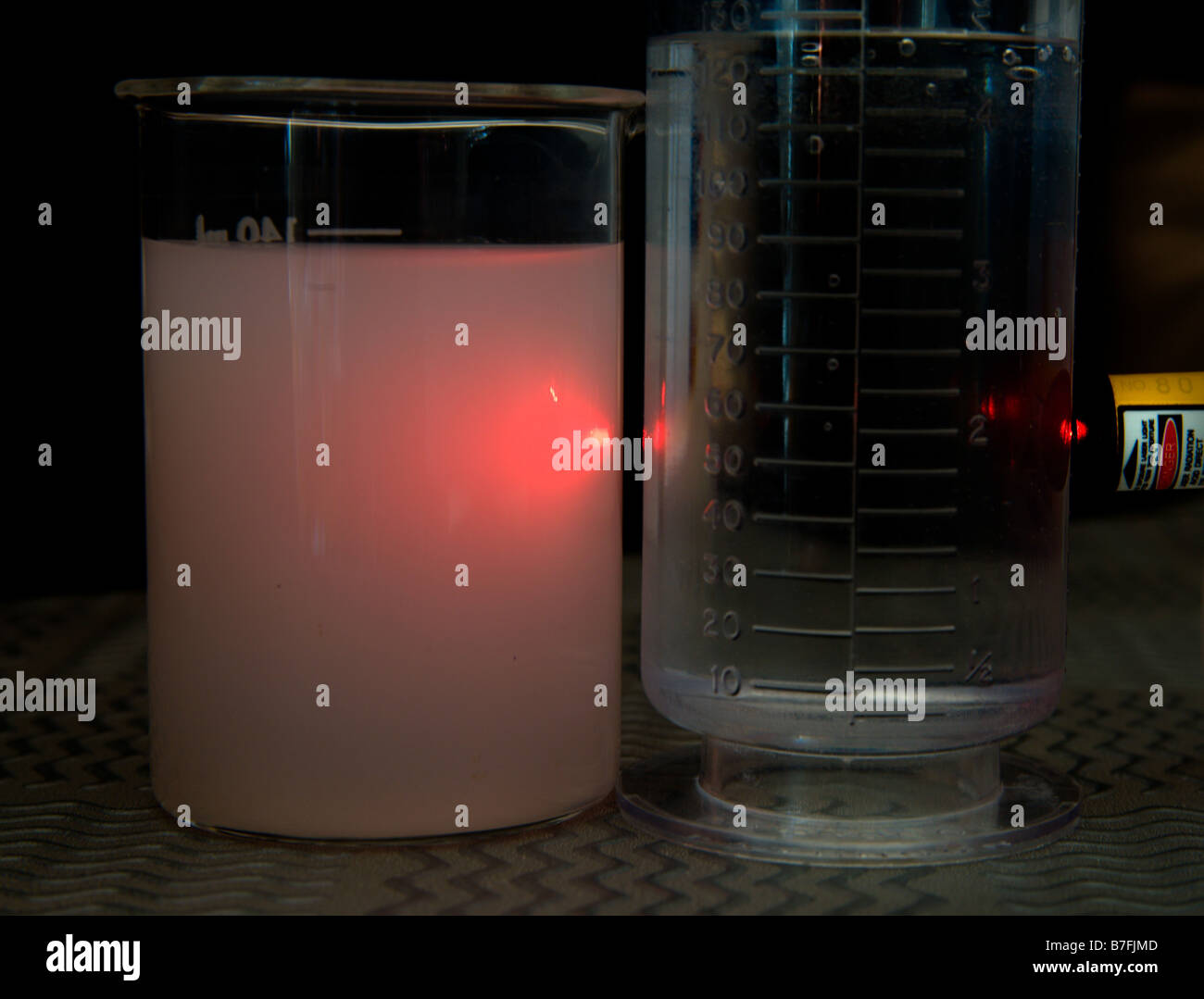 Il fascio di luce penetra solo parzialmente attraverso la sospensione colloidale di sostanza nuvoloso nel liquido dopo il liquido trasparente Foto Stock
