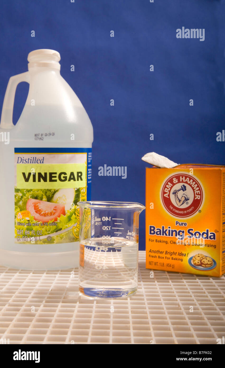 Il bicarbonato di sodio viene aggiunto a un po' di aceto per creare azione schiumogena come base e mix di acido Foto Stock