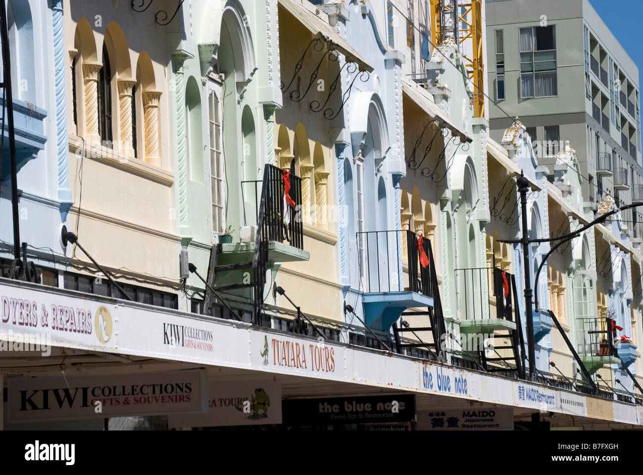 La missione spagnola architettura in stile, Nuovo Regent Street, Christchurch, Canterbury, Nuova Zelanda Foto Stock