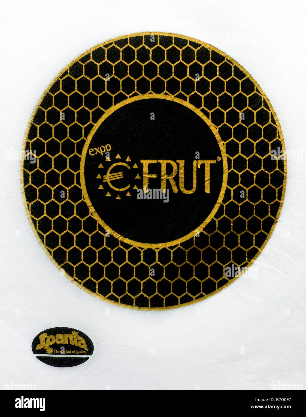 Figurati stampato / agrumi wrapper da Spagna - simbolo Euro in favo cerchio illustrazione su carta velina. Foto Stock