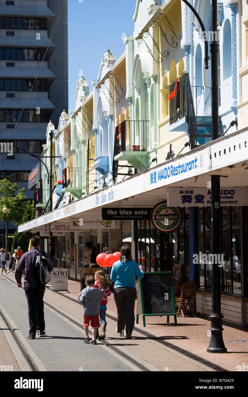 La missione spagnola architettura in stile, Nuovo Regent Street, Christchurch, Canterbury, Nuova Zelanda Foto Stock
