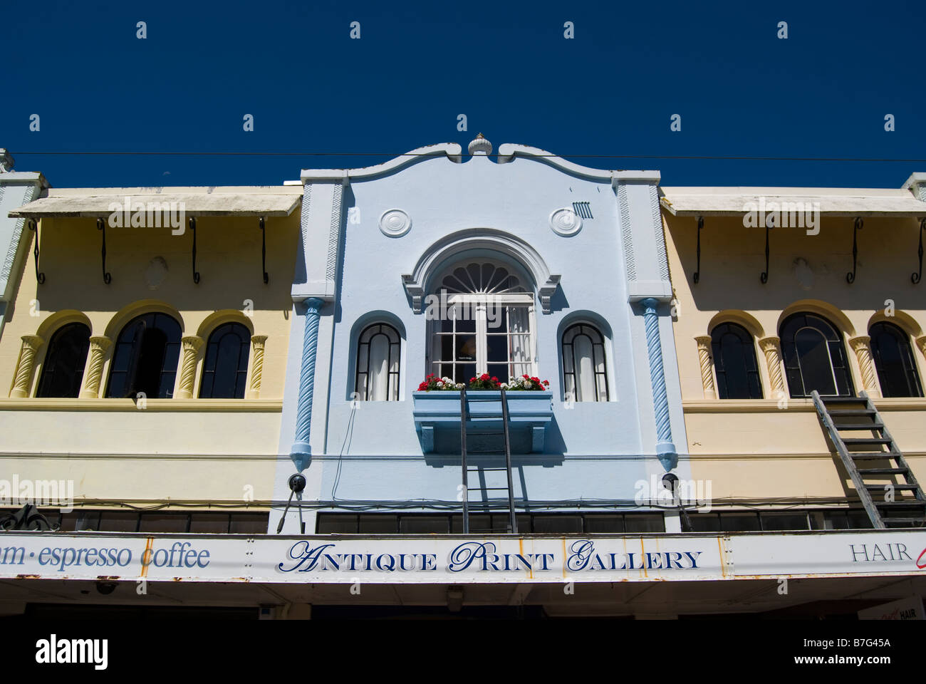 La missione spagnola architettura in stile, Nuovo Regent Street, Christchurch, Canterbury, Nuova Zelanda Foto Stock