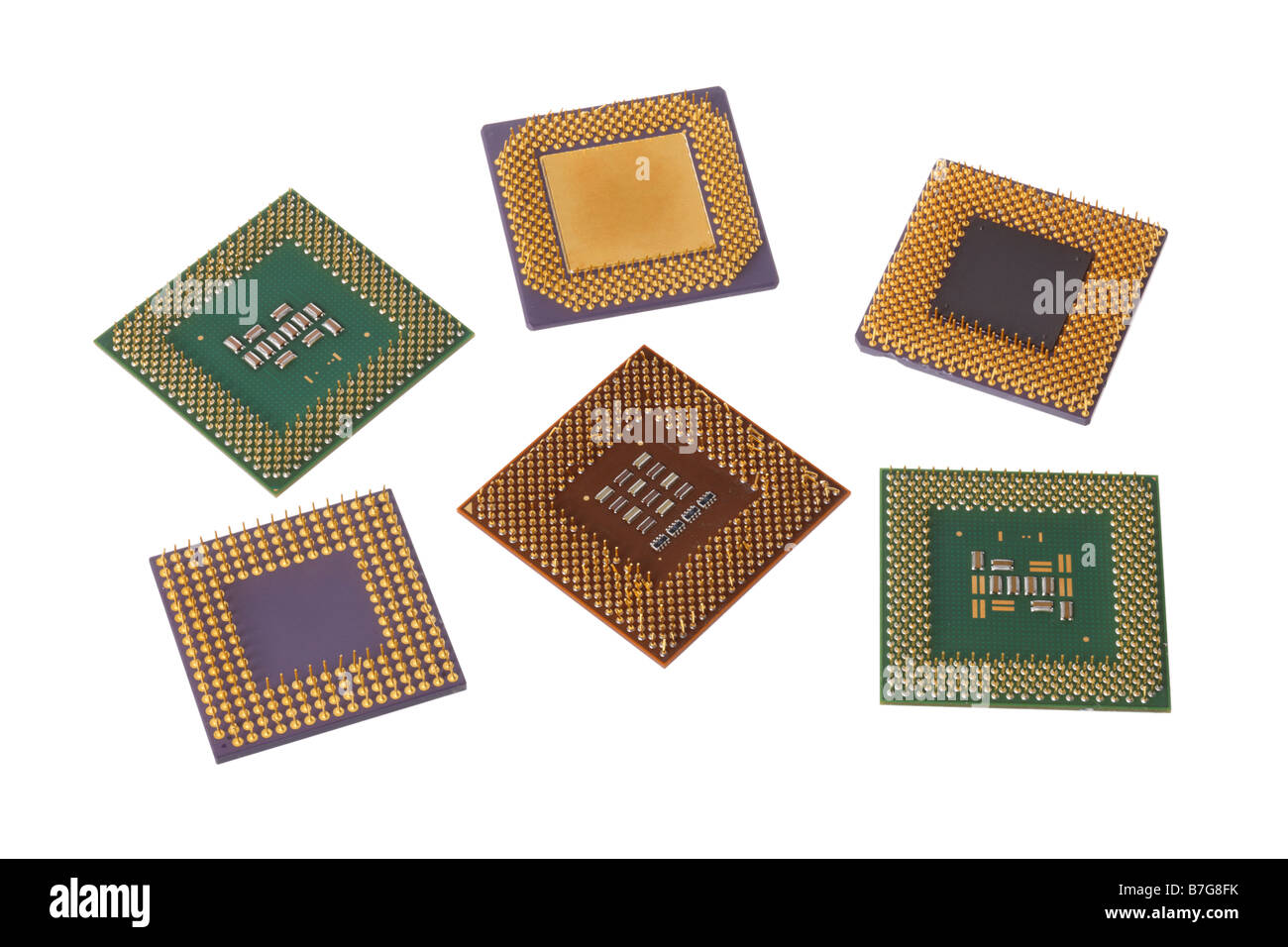 Vari processori per computer ritagliata su sfondo bianco Foto Stock