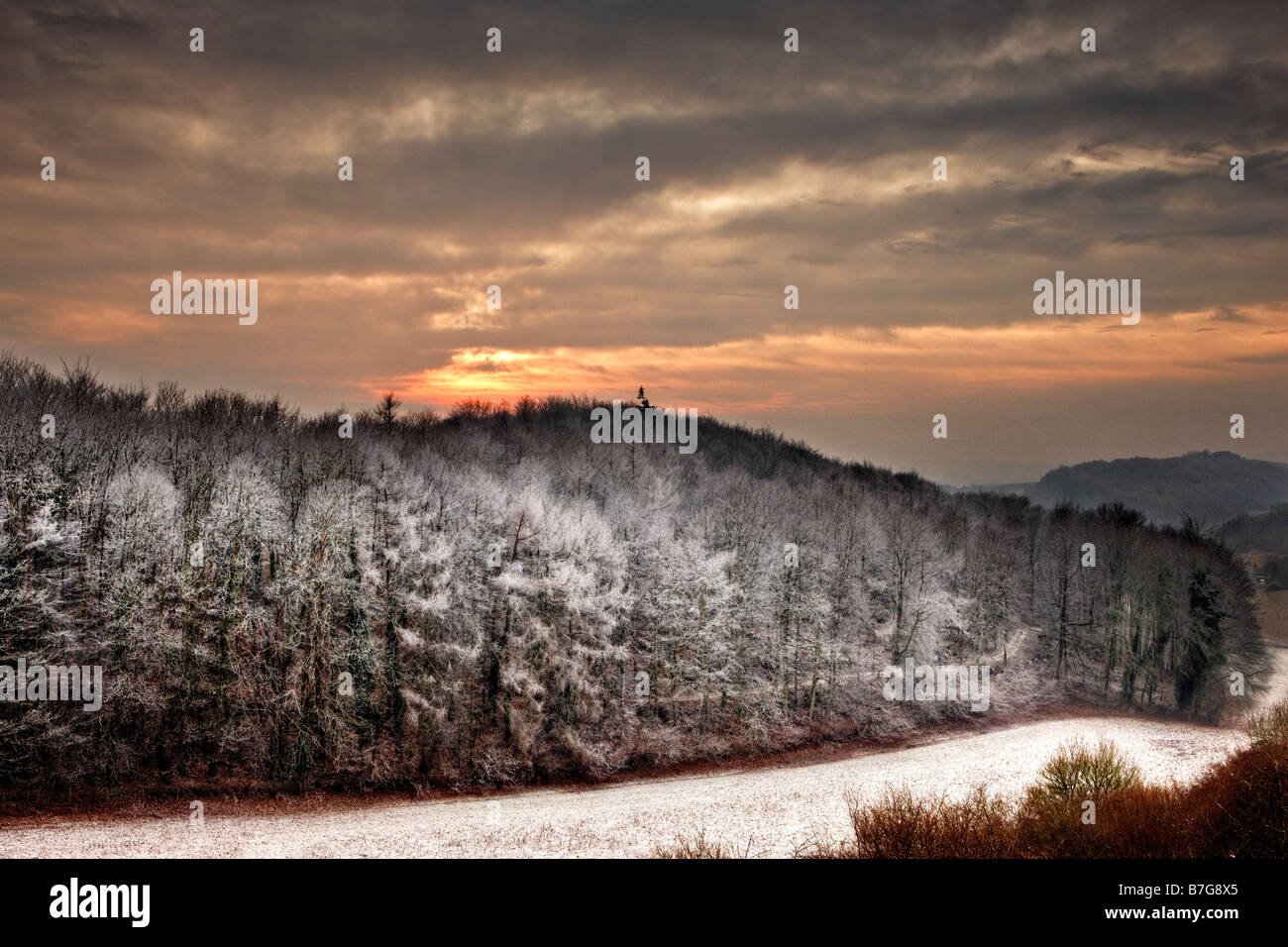 Frosty scena di Knighton boschi, Isola di Wight Foto Stock