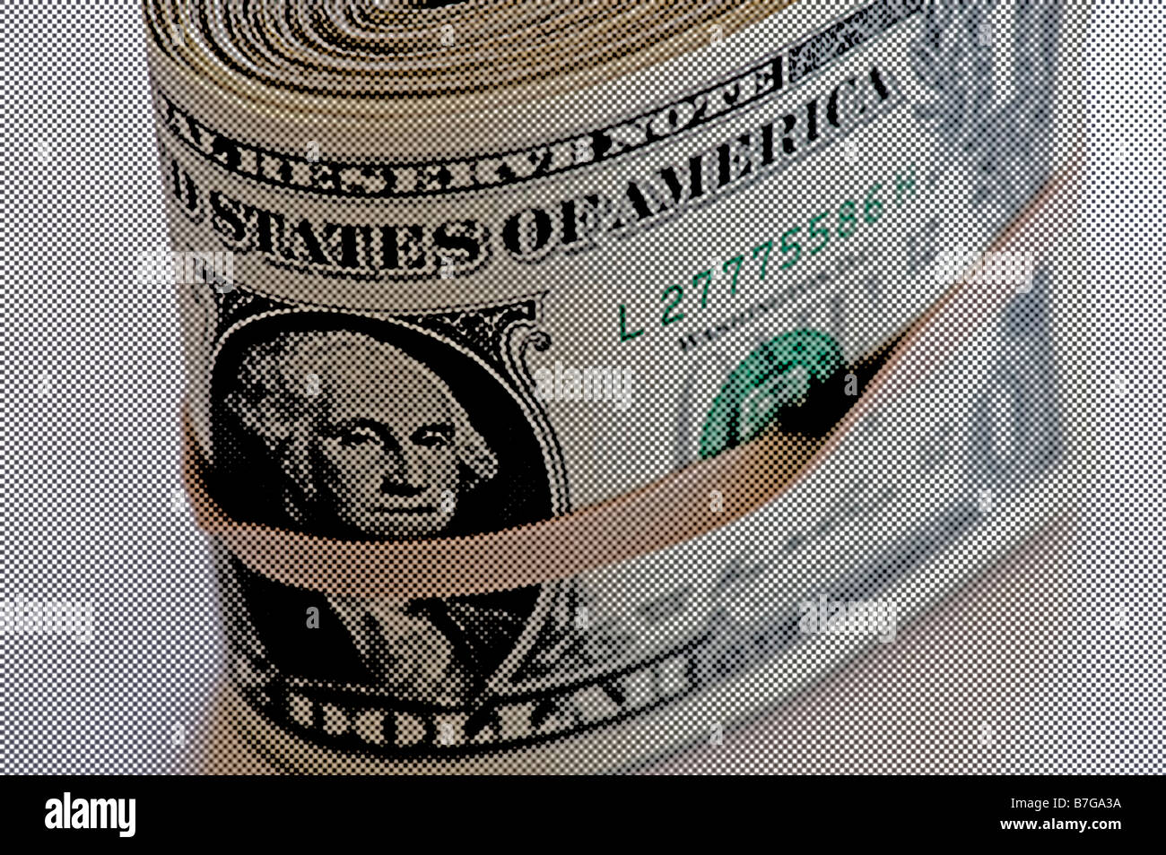 Rotolo di uno le fatture del dollaro US nella fascia di gomma a metà modello di tono Foto Stock