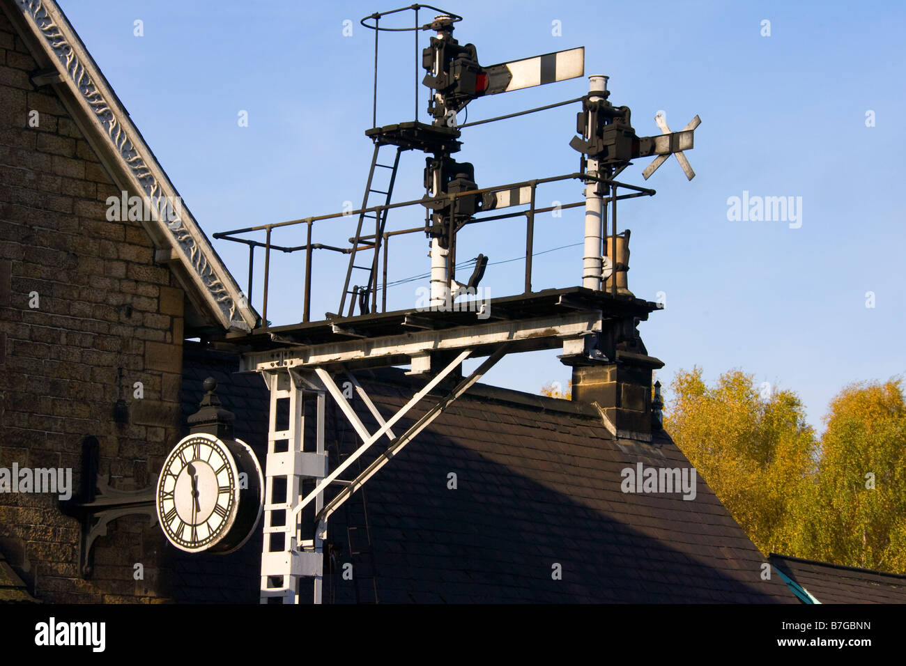 Gantry del segnale alla stazione Grosmount, North Yorkshire Foto Stock