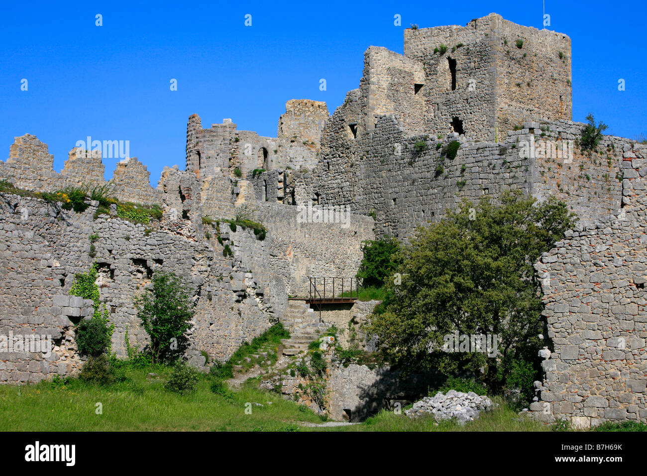 Il Castello di Puilaurens in Puilaurens, Francia Foto Stock