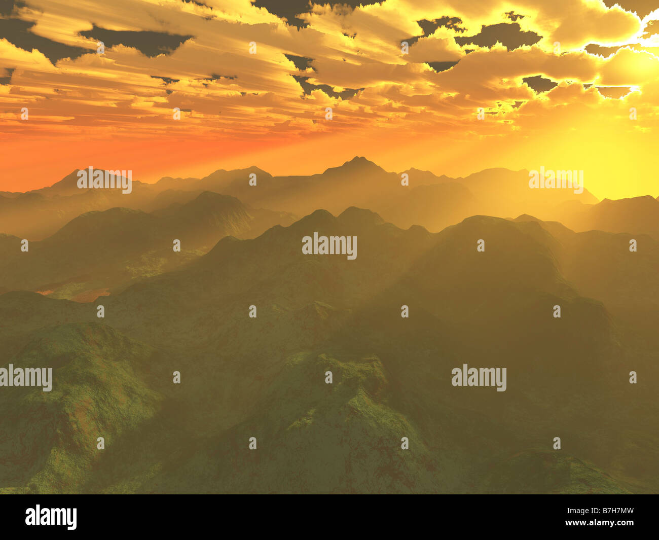 Nebbiosa mattina in Neverland. Alta risoluzione computer immagine generata, arte digitale Foto Stock