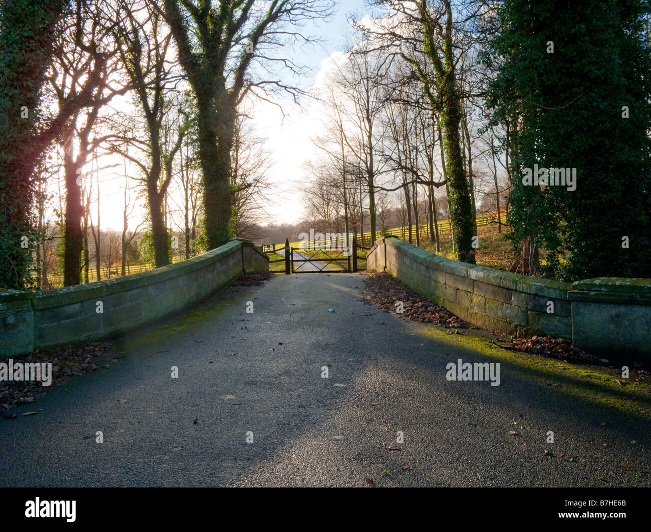 Rurale corsia unica strada oltre il ponte che conduce alla porta circondato da alberi di alto fusto Foto Stock