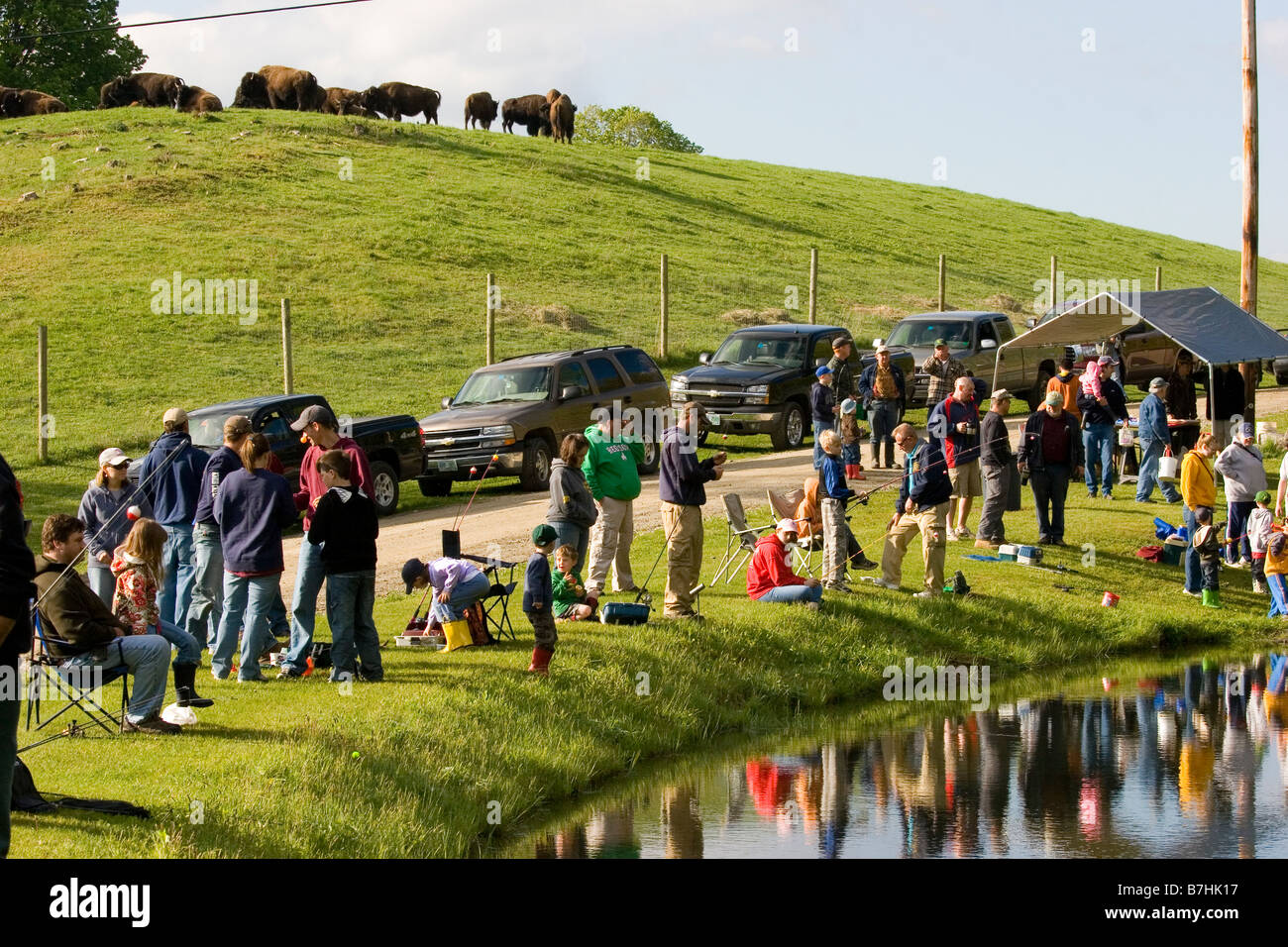 Le famiglie si sono riuniti intorno al laghetto per la stagione estiva la mattina pesca derby, buffalo in background Foto Stock