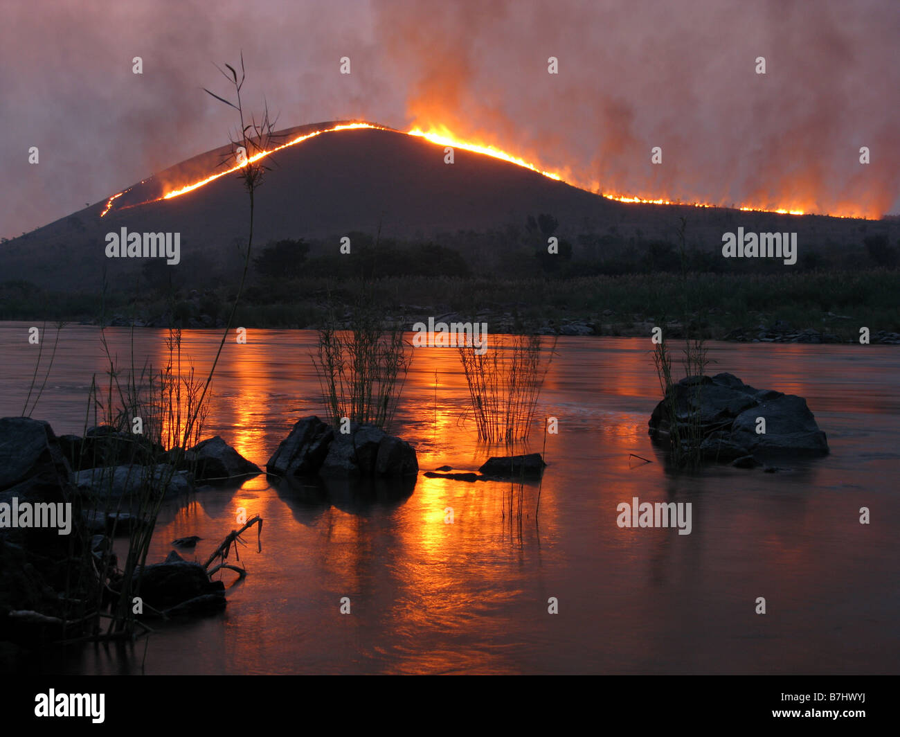 Fuoco d'erba bruciare erba secca di notte vista dal fiume Congo con riflessioni vicino a Kongolo Repubblica Democratica del Congo Foto Stock