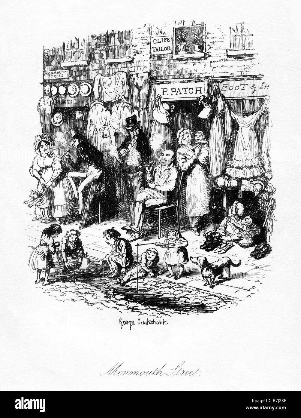 Schizzi di Boz Monmouth Street illustrazione di George Cruikshank di London street scene nel primo libro di Charles Dickens Foto Stock