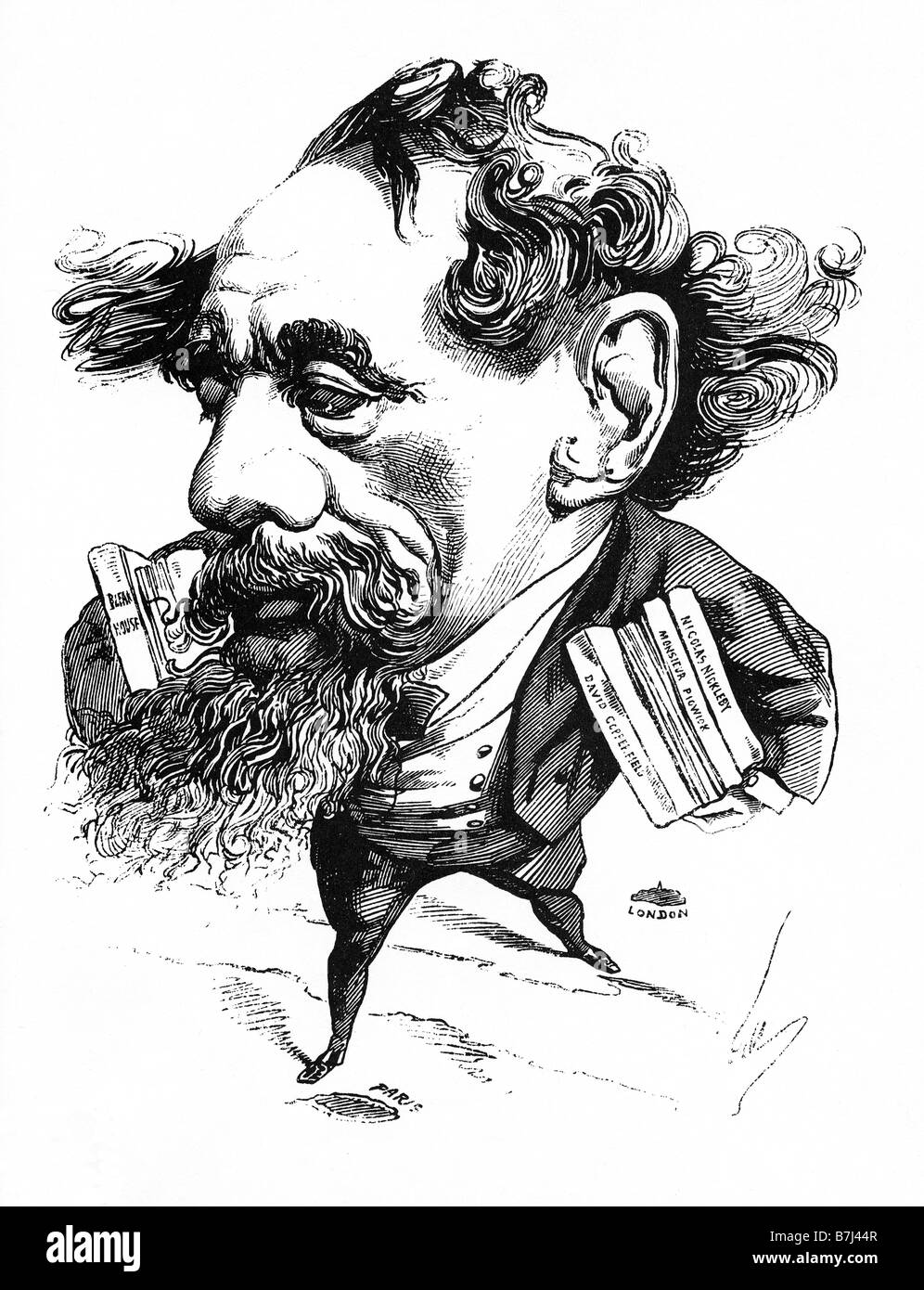 Charles Dickens 1868 caricatura del grande autore Vittoriano di Andre Gill come egli saggi un viaggio da Londra a Parigi Foto Stock