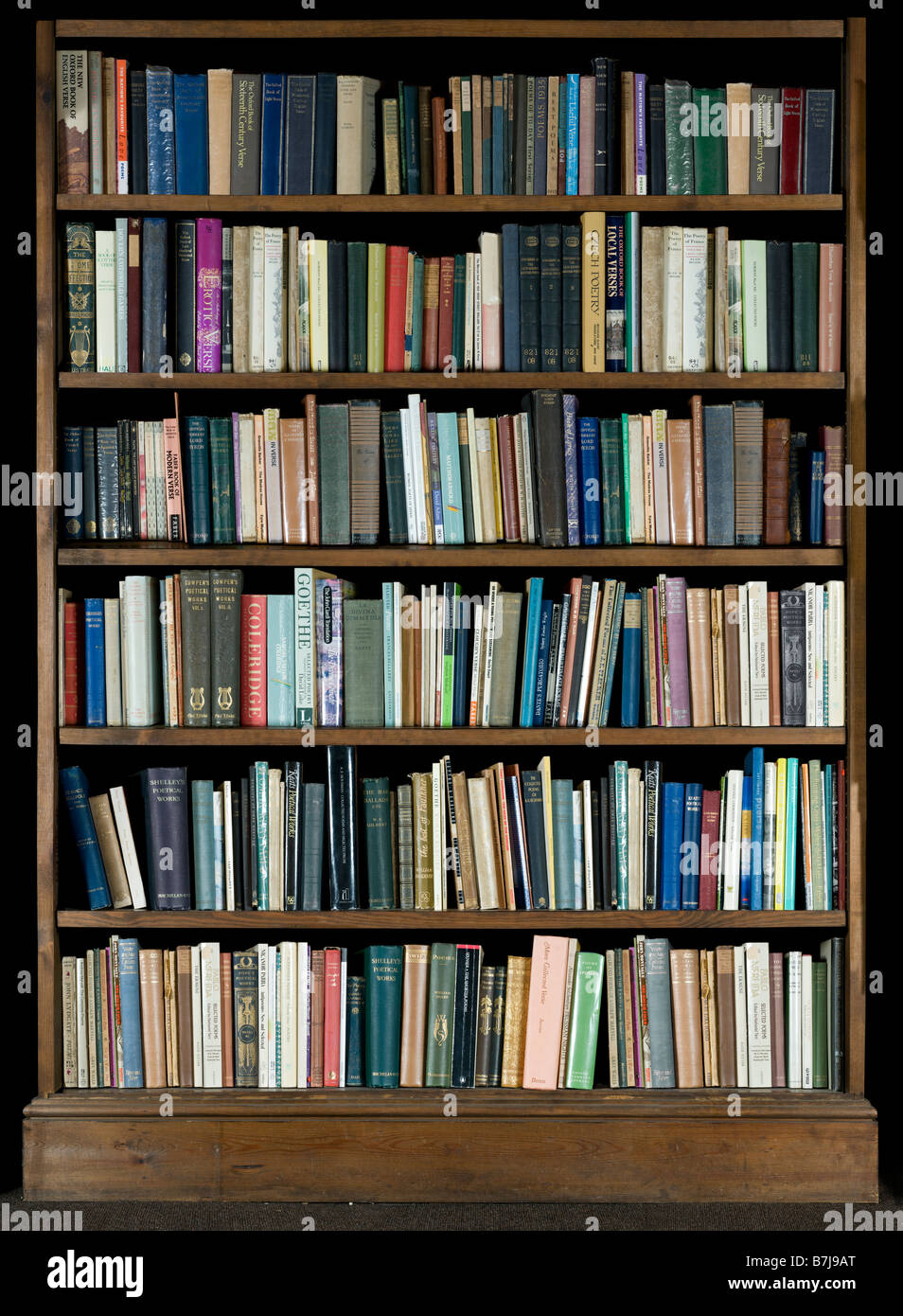 Immagine ad alta risoluzione di libri su uno scaffale su sfondo nero Foto Stock